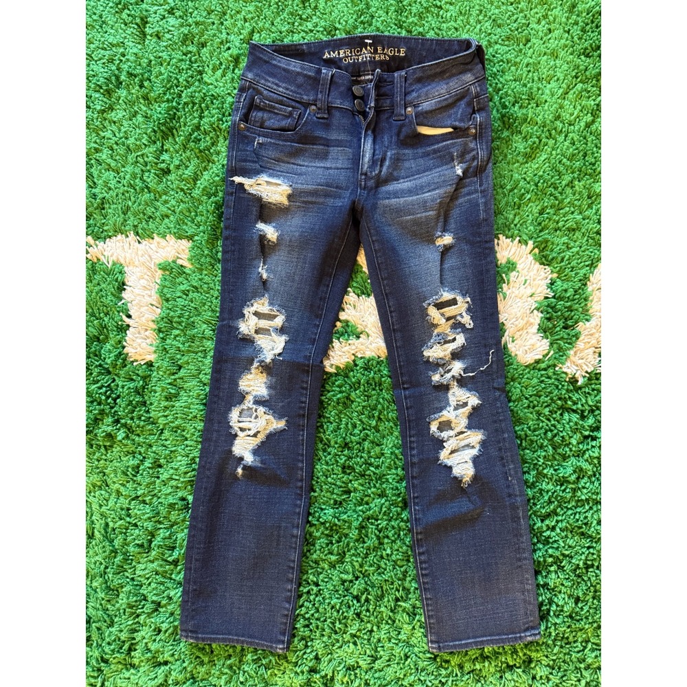 American Eagle Artist Crop Jeans Womens 00 Dark Blue Excellent Distressed Stretc